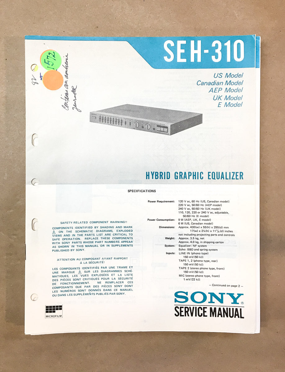 Sony SEH-310 Equalizer  Service Manual *Original*