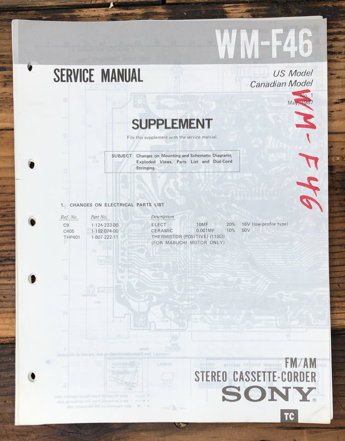 Sony WM-F46 Cassette Player Supp. Service Manual *Original*