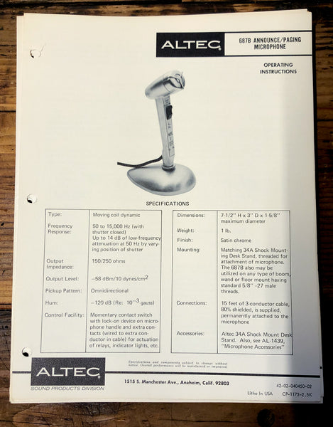 Altec Model 687B Microphone  Owners Manual & Schematic *Orig*
