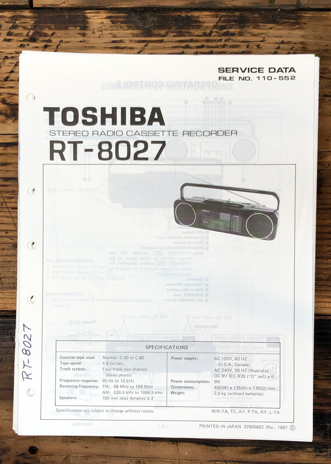 Toshiba RT-8027 Stereo Service Manual *Original*