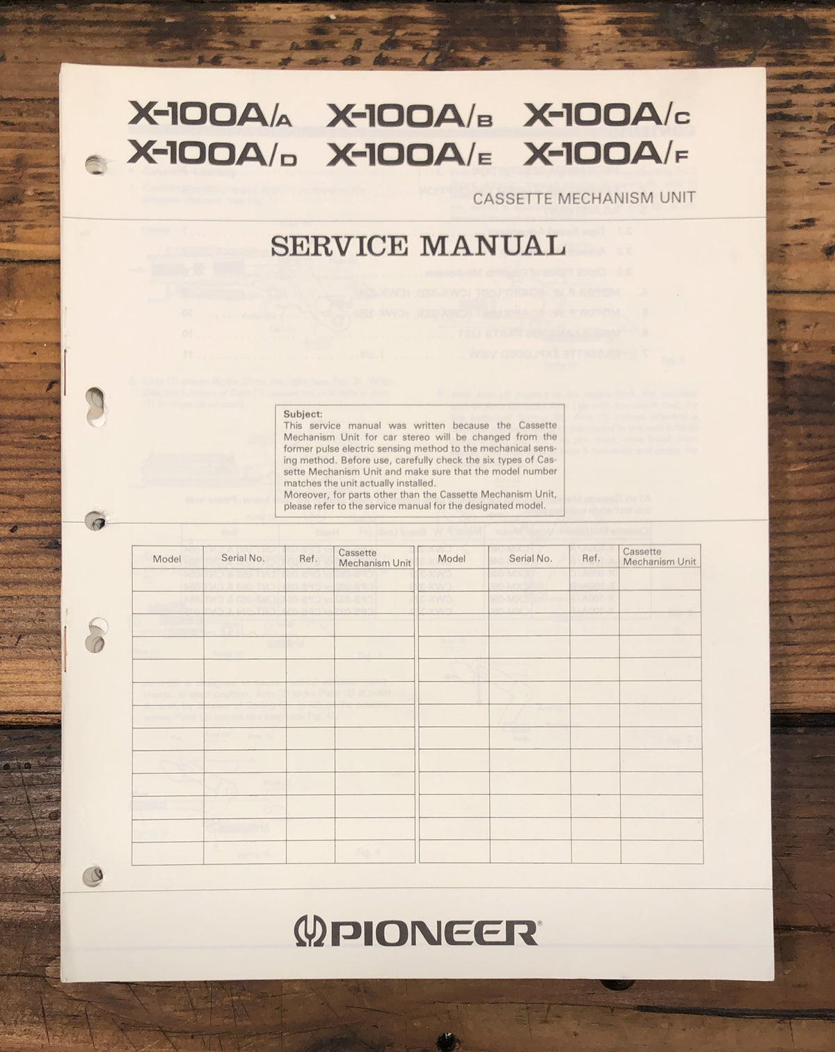 Pioneer X-100A Cassette Mechanism  Service Manual *Original*