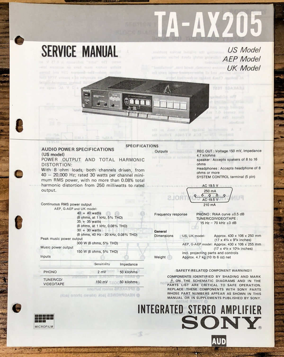 Sony TA-AX205 Amplifier  Service Manual *Original*