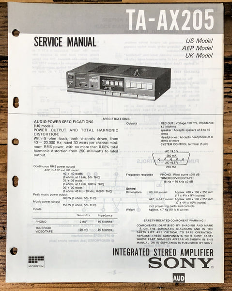 Sony TA-AX205 Amplifier  Service Manual *Original*