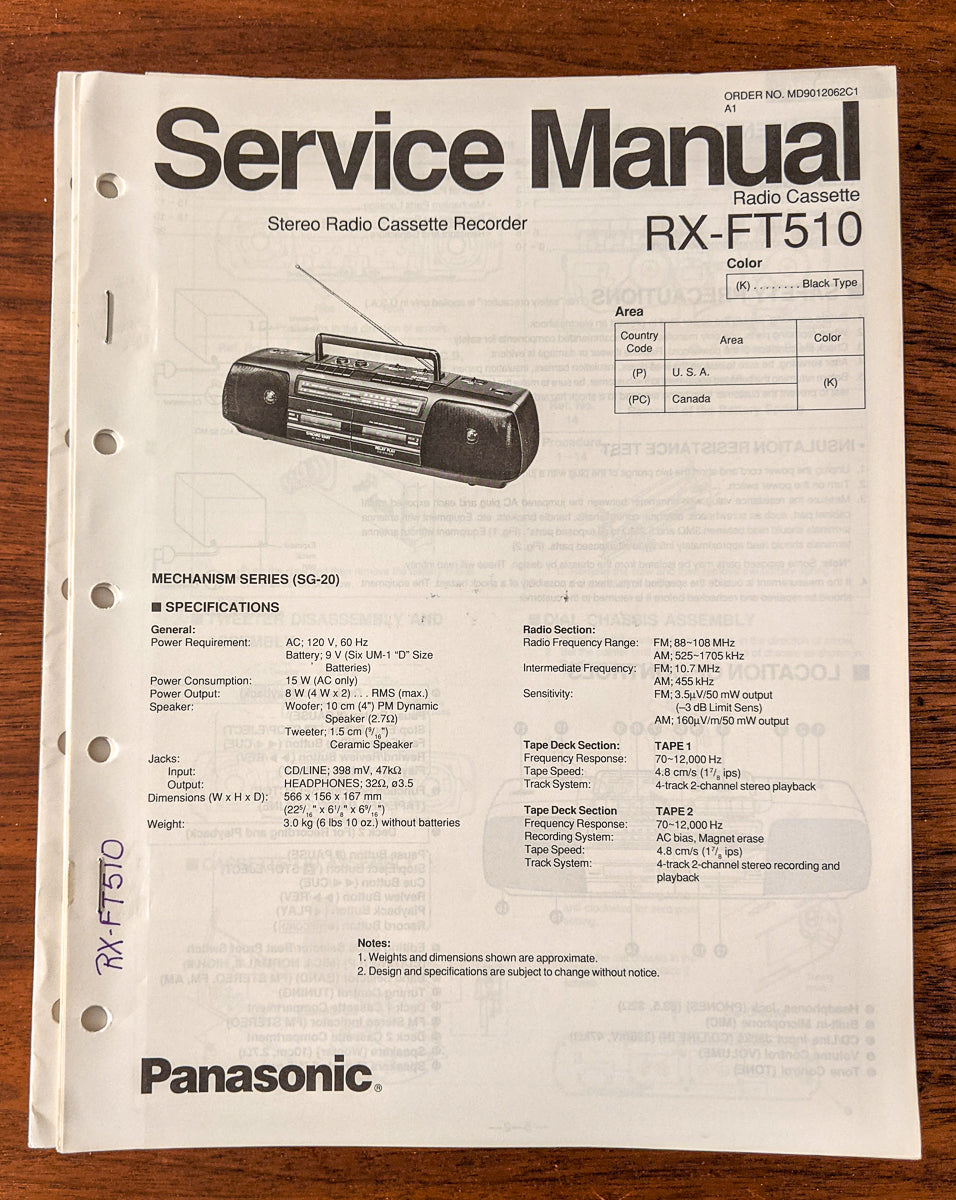 Panasonic RX-FT510 Radio Cassette Service Manual *Original*