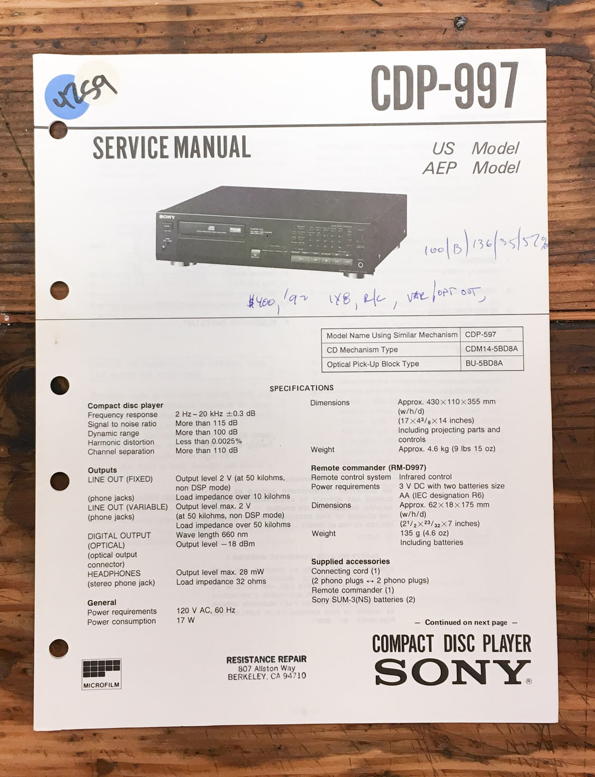Sony CDP-997 CD Player  Service Manual *Original*