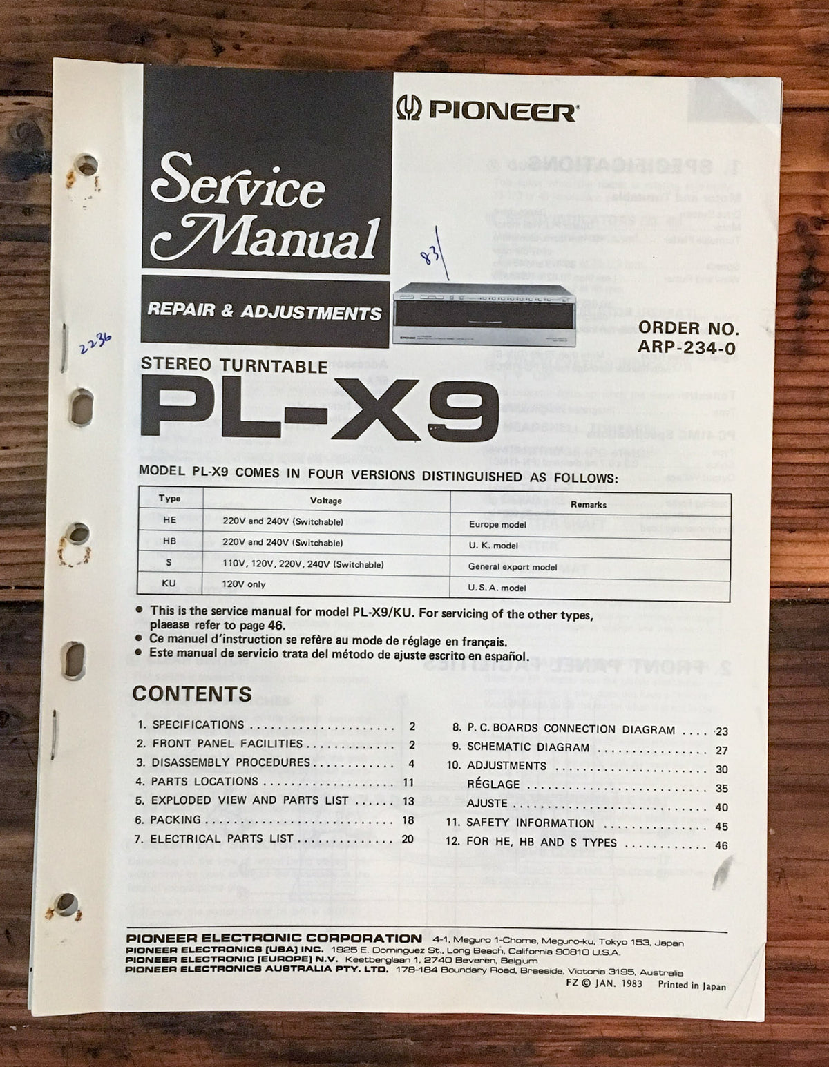 Pioneer PL-X9 Record Player / Turntable  Service Manual *Original*