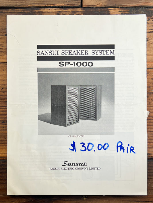 Sansui SP-1000 Speaker  Owner / User Manual *Original*