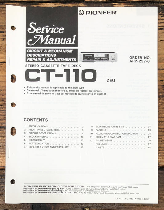 Pioneer CT-110 Cassette Service Manual *Original*