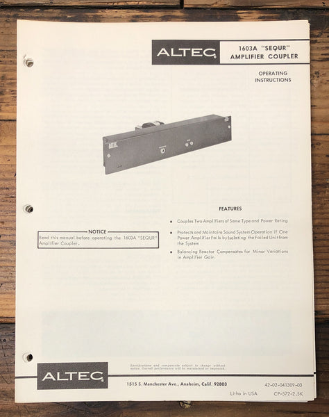 Altec Model 1603A SEQR Coupler  Owners & Schematic Manual *ORIGINAL*