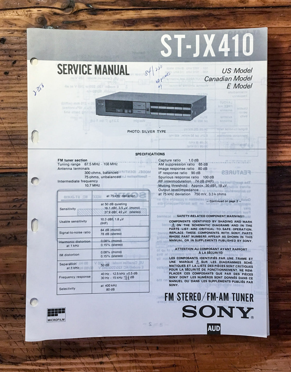 Sony ST-JX410 Tuner  Service Manual *Original*