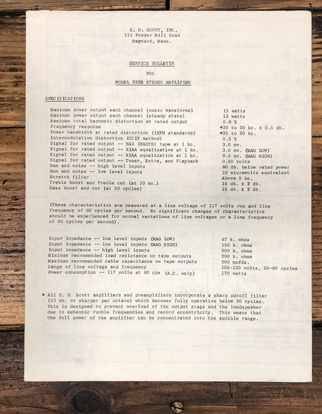 HH Scott Model 222B Amplifier Service Manual *Original*