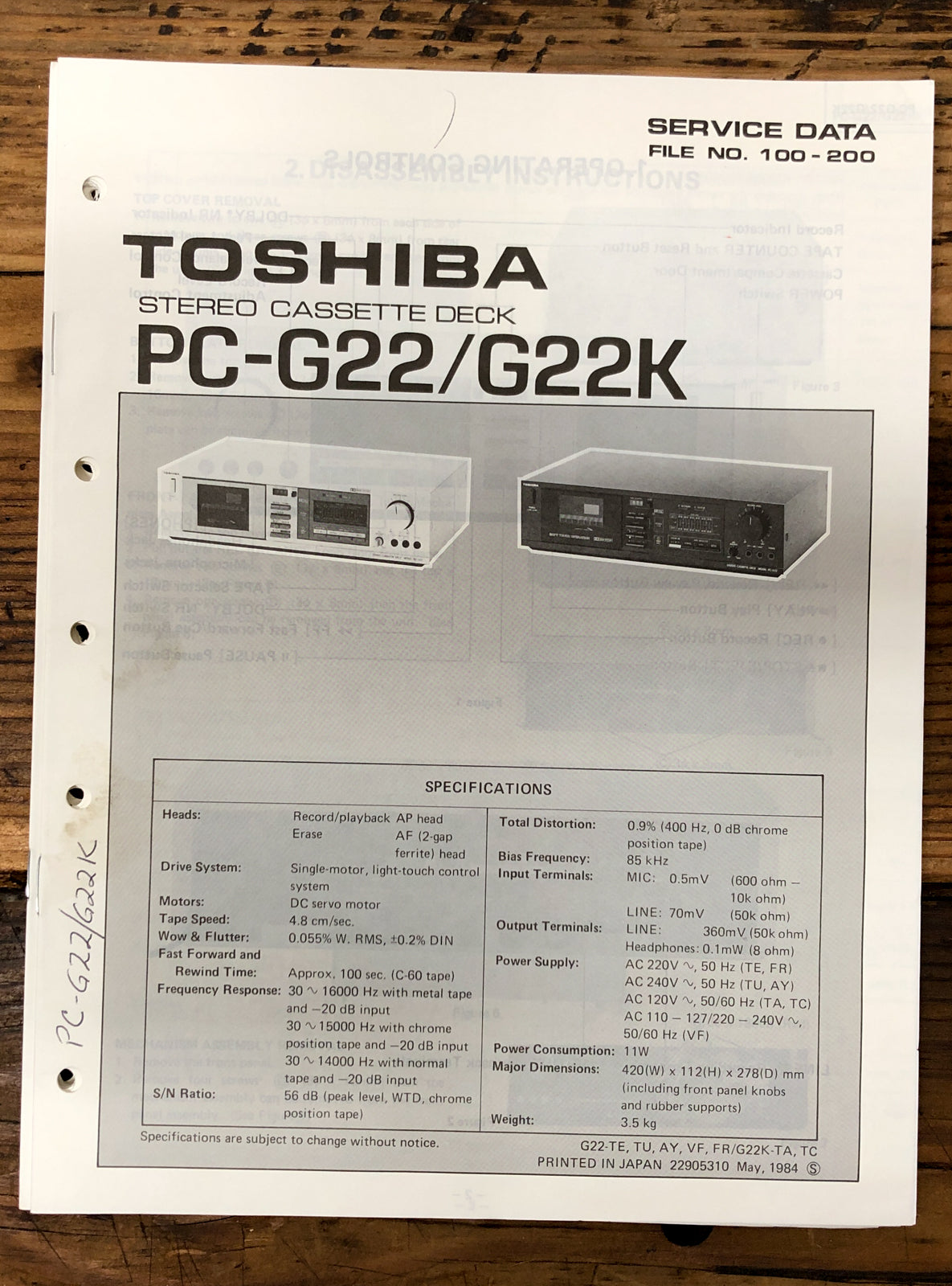 Toshiba PC-G22 PC-G22K Cassette Deck  Service Manual *Original*