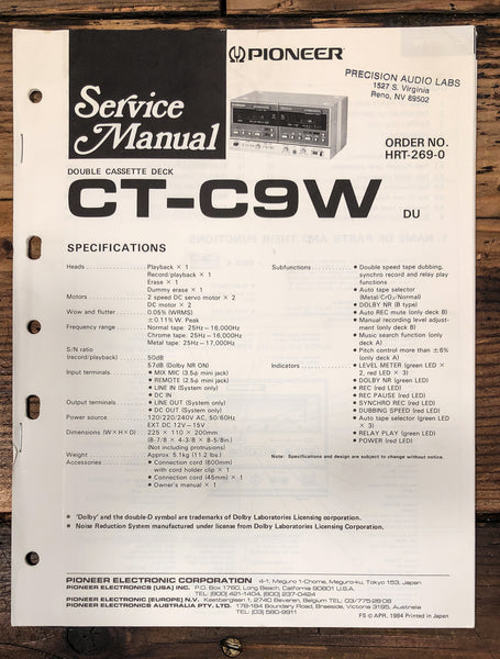 Pioneer CT-C9W Cassette Service Manual *Original*
