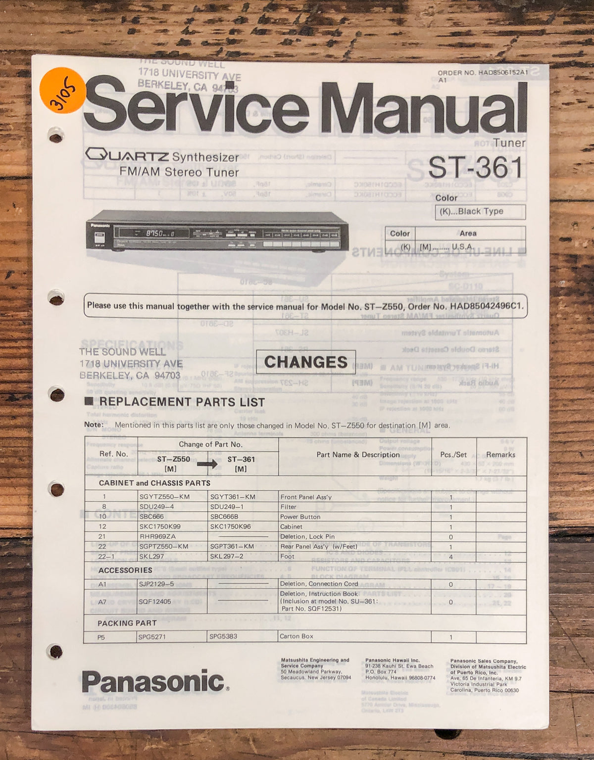 Technics ST-361 Tuner  Service Manual *Original*