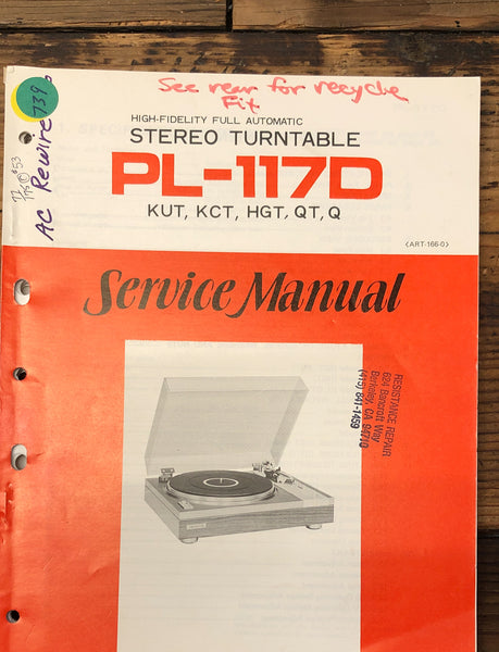 Pioneer PL-117D Record Player / Turntable  Service Manual *Original*