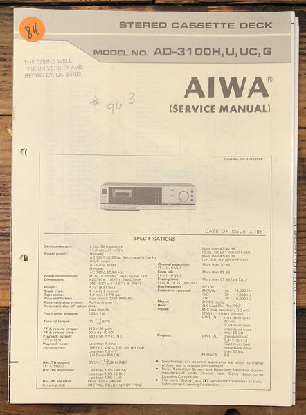 Aiwa AD-3100 H U UC G Cassette  Service Manual *Original*