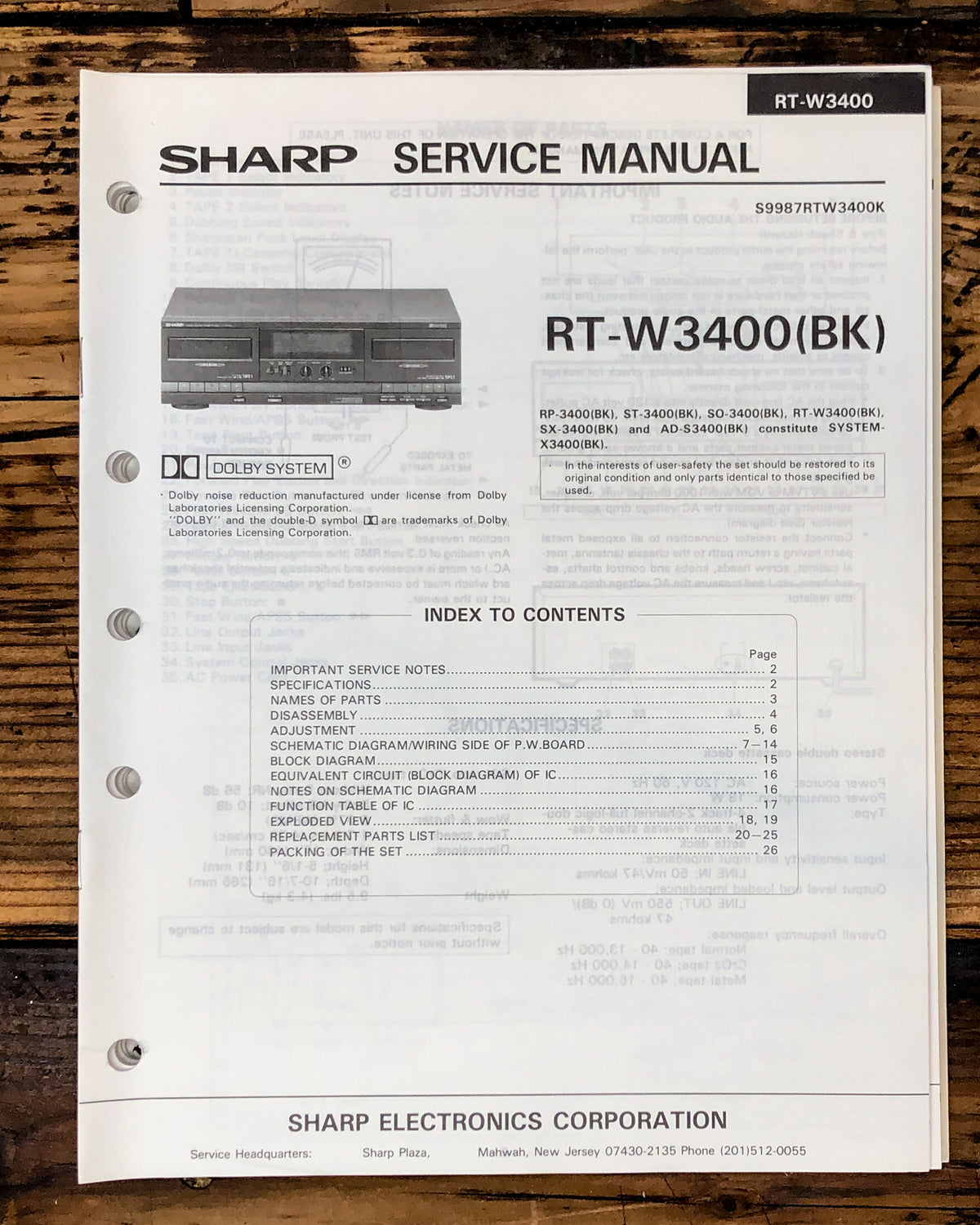 Sharp RT-W3400 Cassette Service Manual *Original*