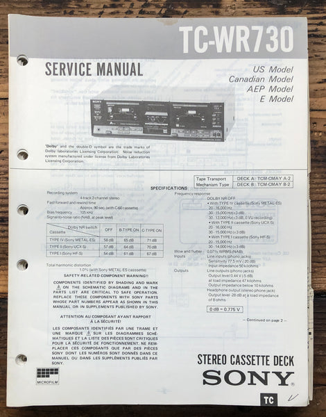 Sony TC-WR730 Cassette  Service Manual *Original*