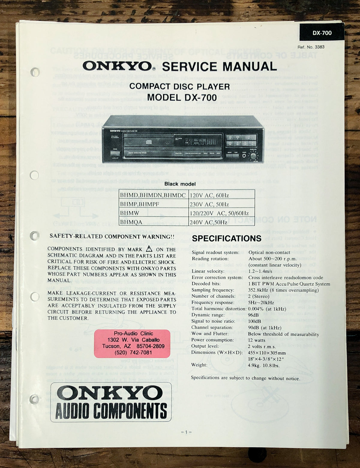 Onkyo DX-700 CD Player  Service Manual *Original*