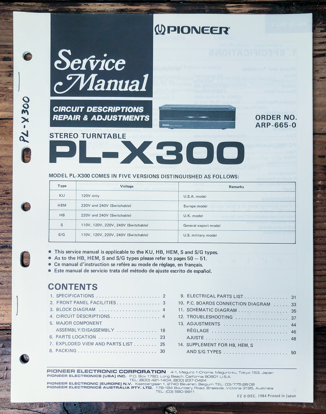 Pioneer PL-X300 Turntable Service Manual *Original*