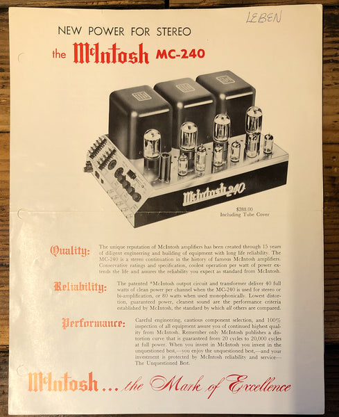 McIntosh  MC240 MC-240 Amplifier  Dealer Brochure / Spec Sheet  *Original*