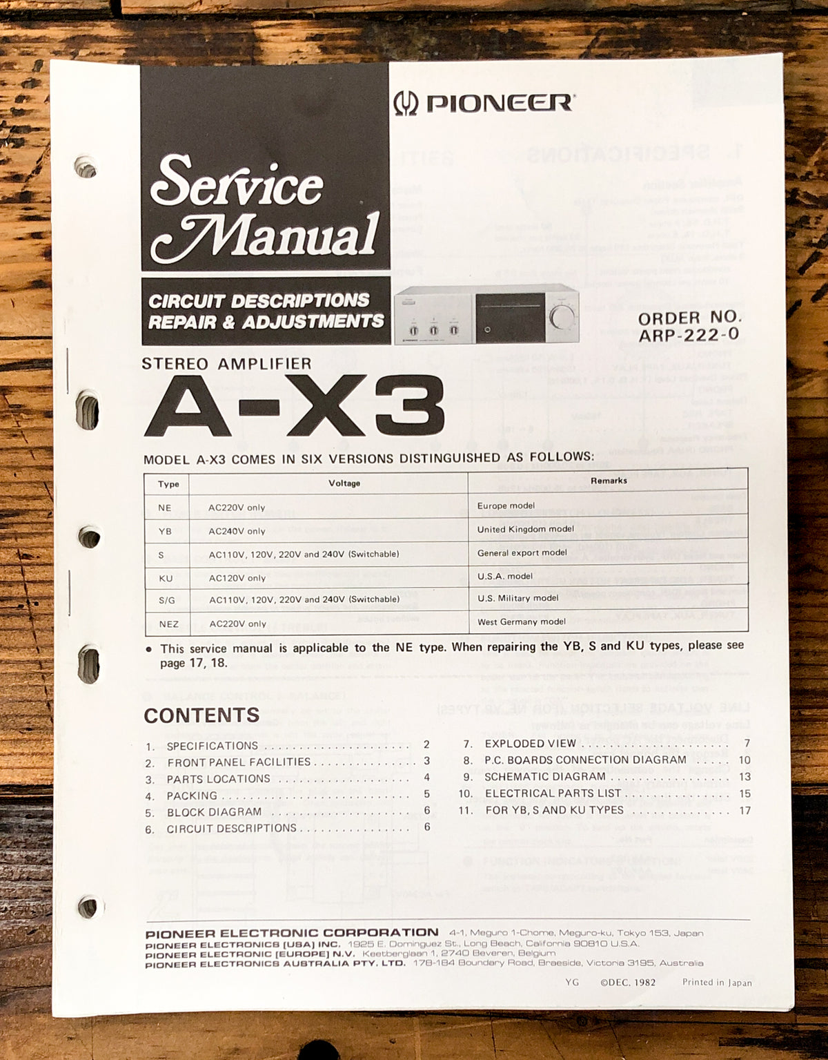 Pioneer A-X3 Amplifier Service Manual *Original*
