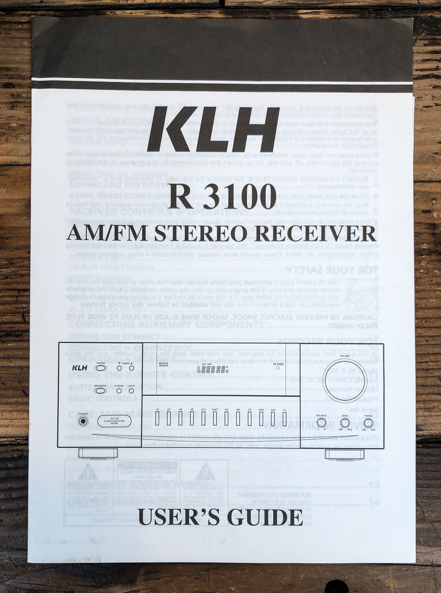 KLH R-3100 R3100 Receiver Owners / User Manual *Original*
