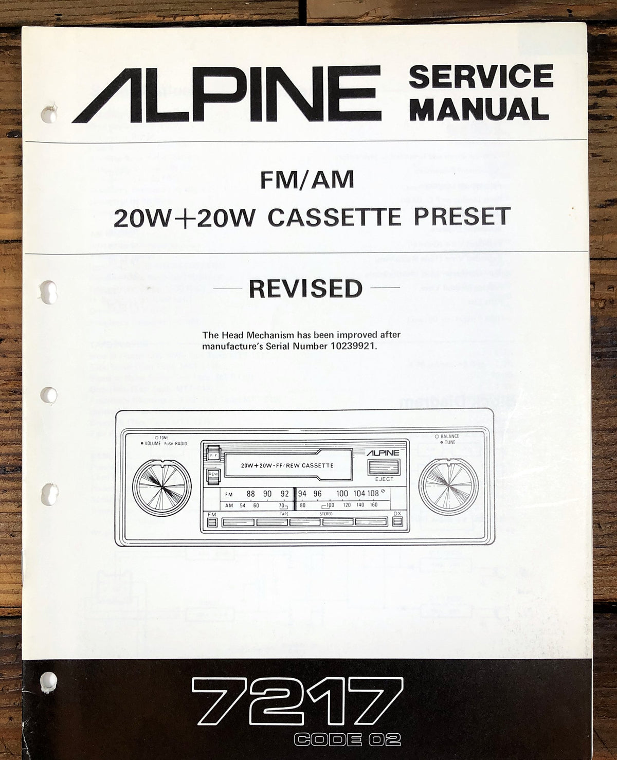 Alpine 7217 FM/AM Cassette Preset Service Manual *Original*