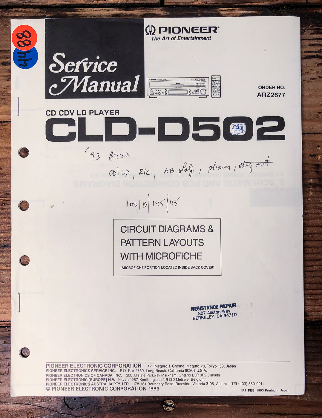 Pioneer CLD-D502 CD LD Player Service Manual *Original*
