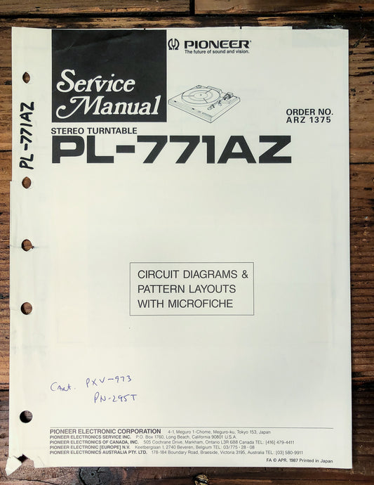 Pioneer PL-771AZ Turntable Service Manual *Original*