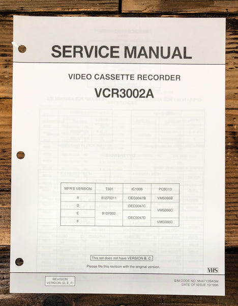 Emerson / Orion Model VCR3002A VCR Supp. Service Manual *Original*