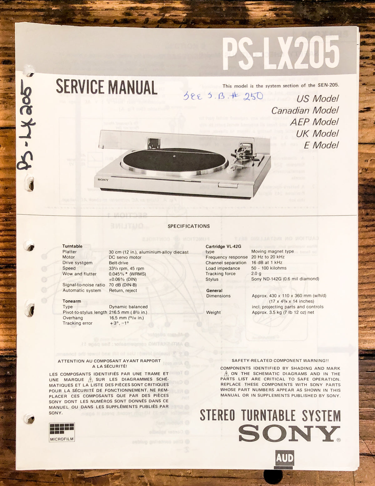Sony PS-LX205 Record Player / Turntable  Service Manual *Original*