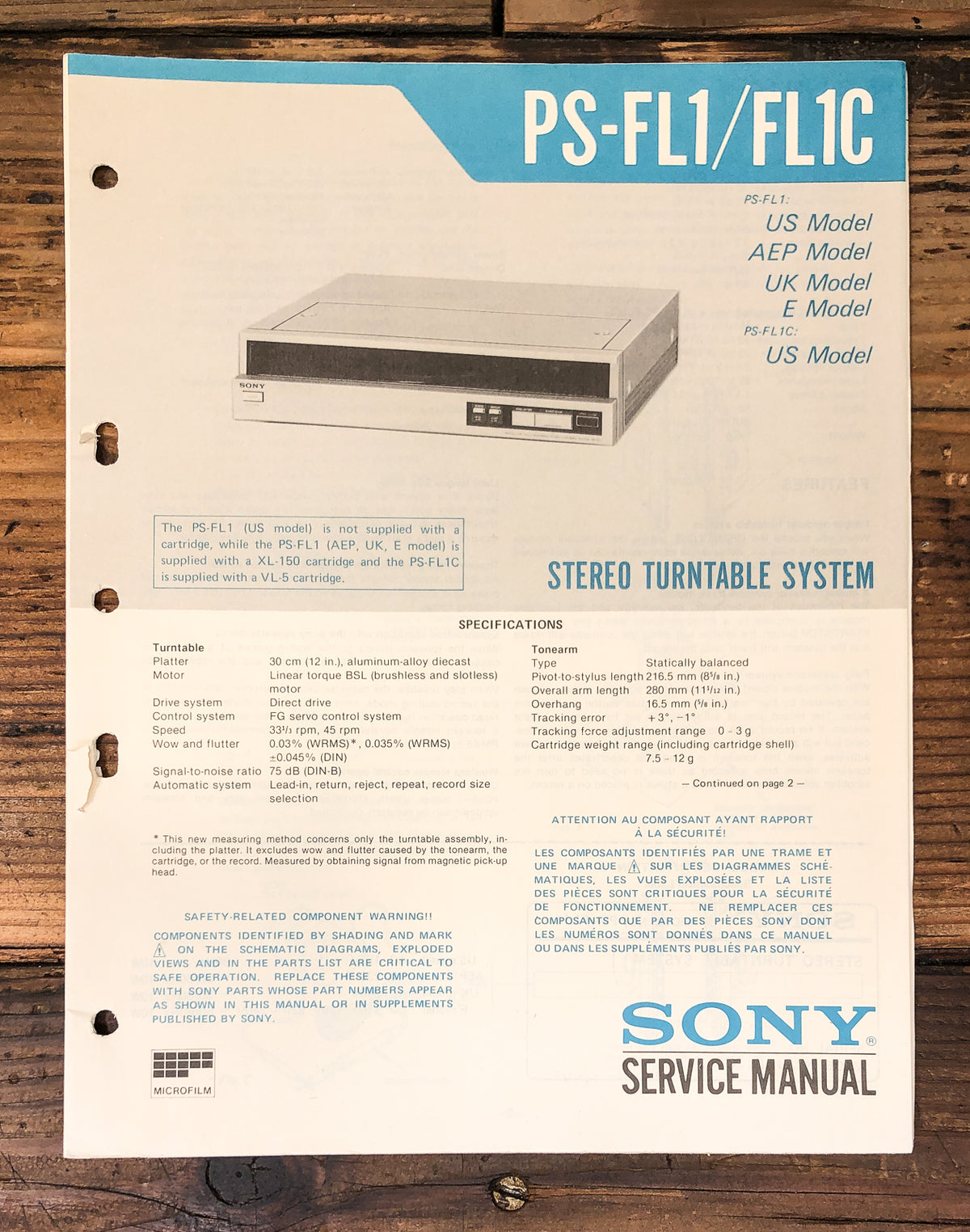 Sony PS-FL1 PS-FL1C Record Player / Turntable Service Manual *Original*