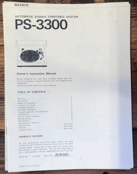 Sony PS-3300 Record Player / Turntable  Owner / User Manual *Original*