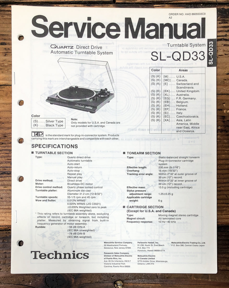Technics SL-QD33 Record Player / Turntable Service Manual *Original*