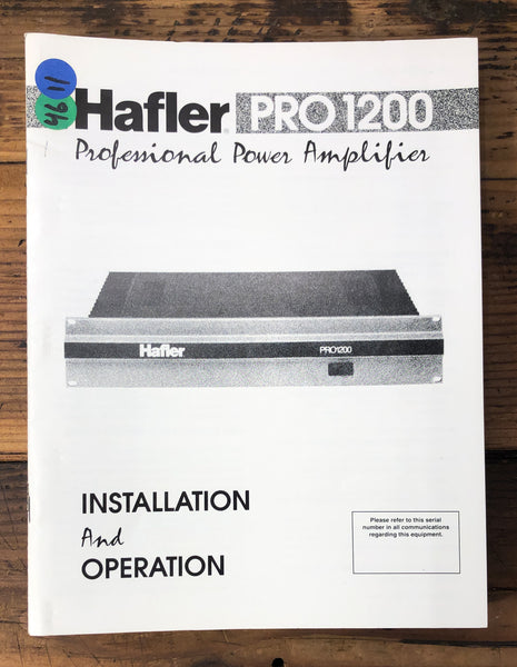 Hafler PRO 1200 Amplifier  Owner / User Manual *Original*