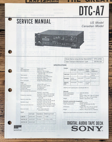 Sony DTC-A7 DAT Deck  Service Manual *Original*