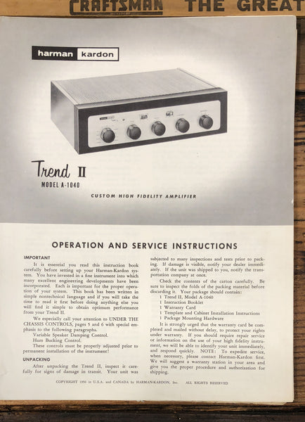 Harman Kardon Model A-1040 Trend II Amplifier  Service Manual *Original*