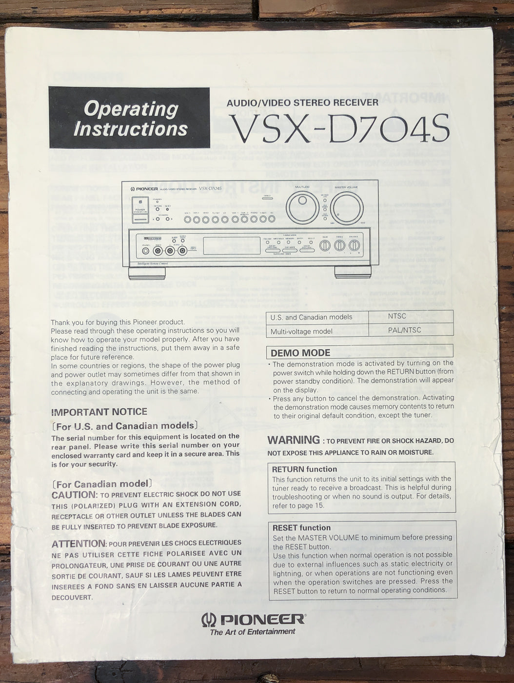 Pioneer VSX-D704S Receiver Owners / User Manual *Original*