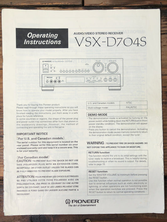Pioneer VSX-D704S Receiver Owners / User Manual *Original*