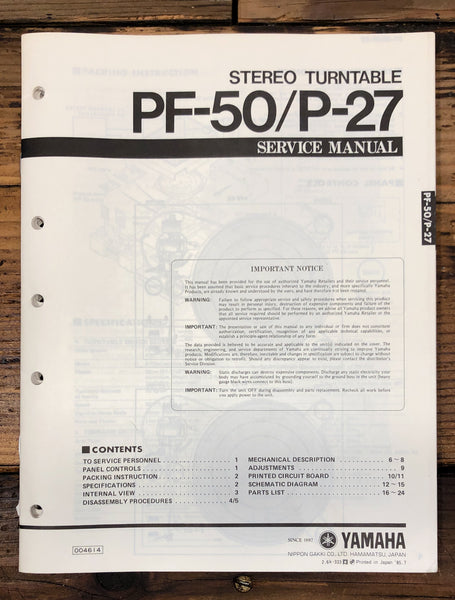 Yamaha PF-50 P-27 Record Player / Turntable  Service Manual *Original*