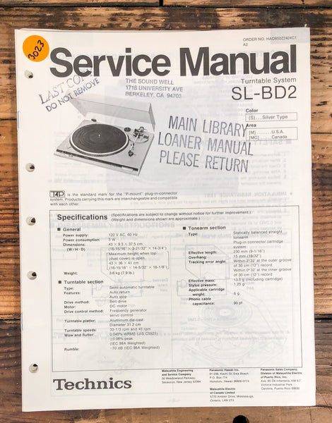 Technics SL-BD2 Record Player / Turntable  Service Manual *Original*