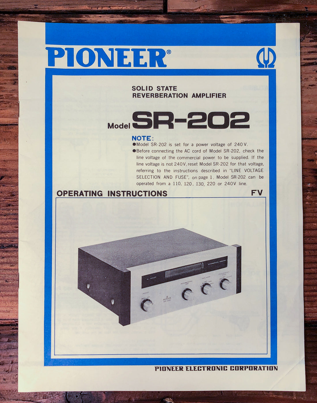 Pioneer SR-202 Reverberation Amplifier Owners / User Manual *Original*