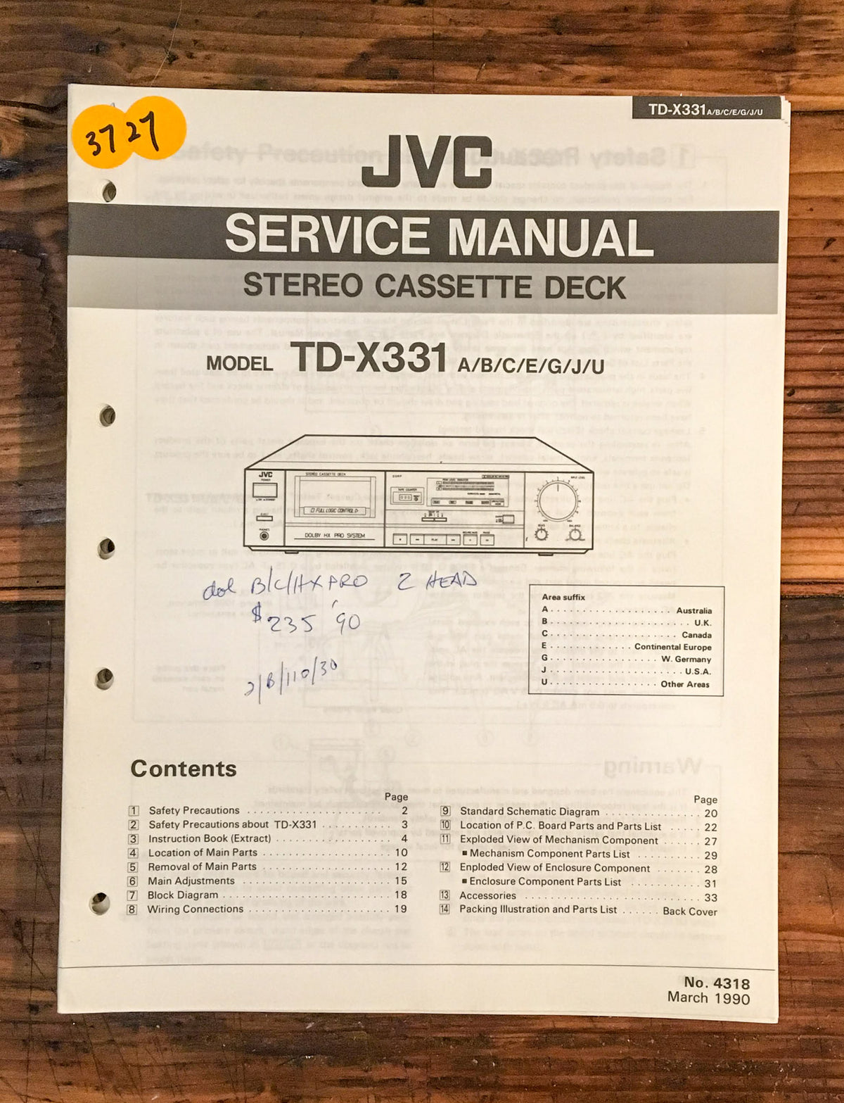 JVC TD-X331 Cassette Deck  Service Manual *Original*