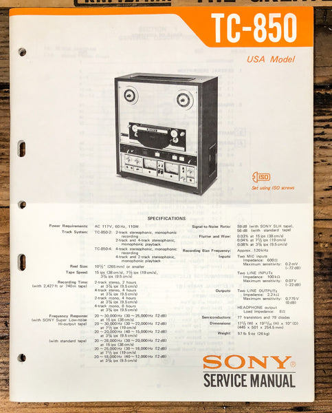 Sony TC-850 Reel to Reel  Service Manual *Original*