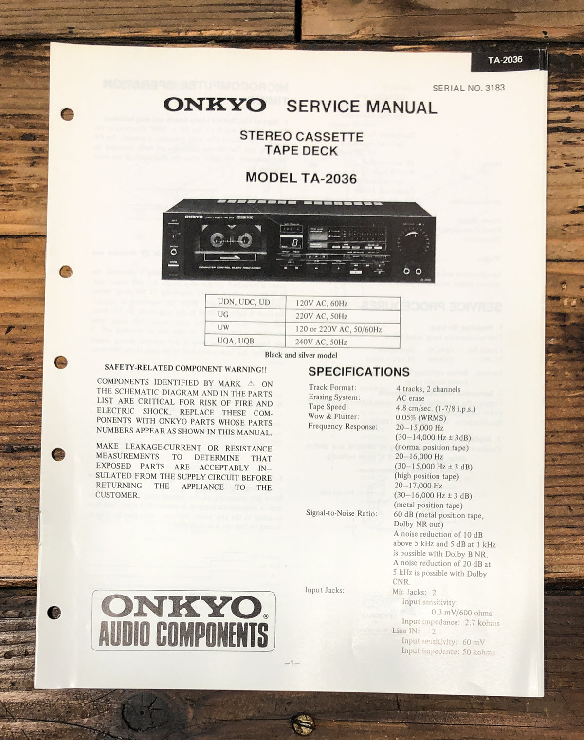 Onkyo TA-2036 Cassette Service Manual *Original*