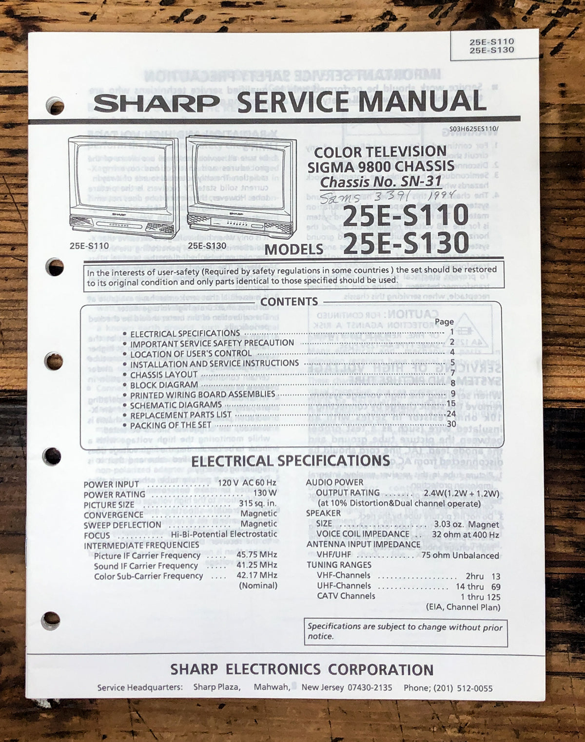 Sharp 20E-S110 25E-S130 TV / Television Service Manual *Original*