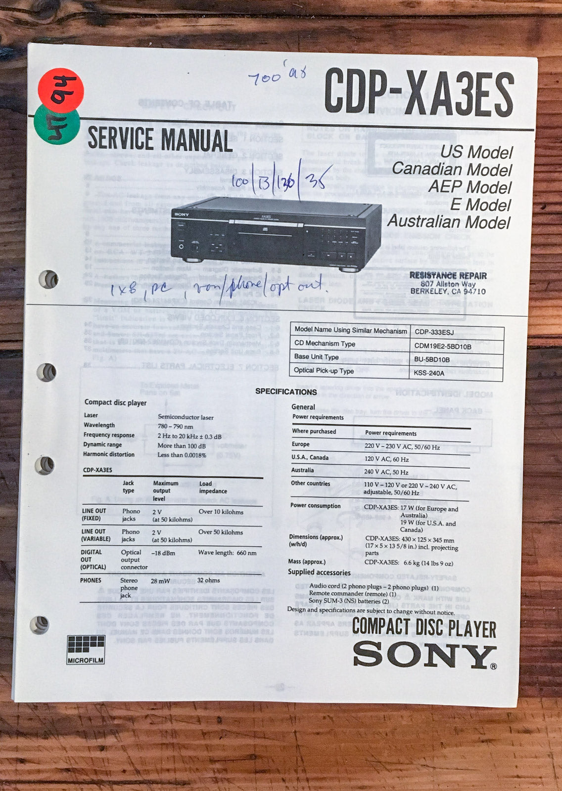 Sony CDP-XA3ES CD Player  Service Manual *Original*
