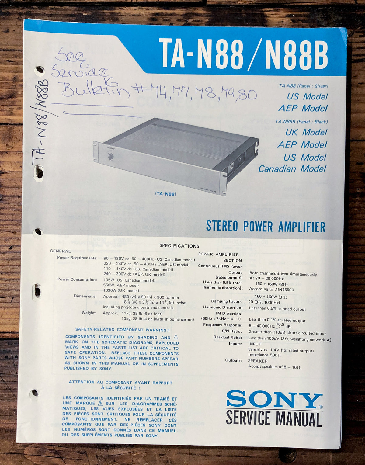 Sony TA-N88 TA-N88B Amplifier  Service Manual *Original*