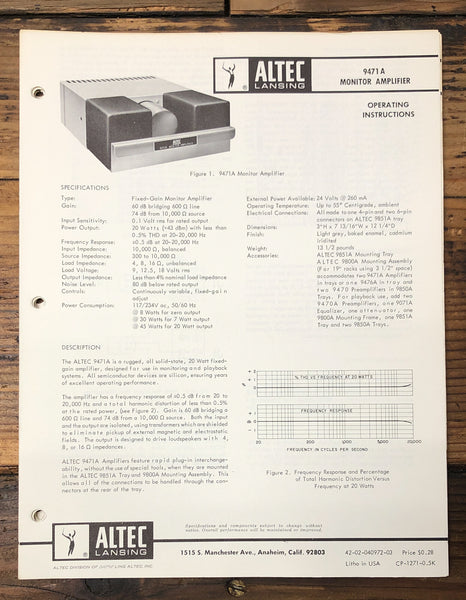 Altec Model 9471A Amplifier  Owner / User Manual *Original*